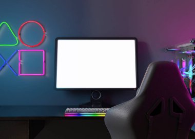 Boş beyaz ekranlı monitör. Evde oyun oynuyordum. Bilgisayar maketi. Uygulama, oyun ve web sitesi sunumu için alanı kopyala. Boş ekran. Modern iç mekan. Neon ışıkları. Oyuncuların yeri. 3 Boyutlu Hazırlama