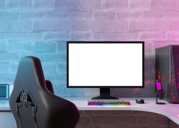 带有空白白屏的监视器 在家里玩游戏 计算机模拟了 为应用程序 网站演示复制空间 空的屏幕 现代的内部 霓虹灯 游戏的地方 3D渲染 — 图库照片