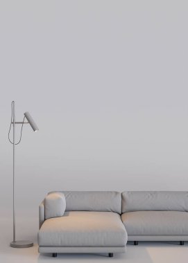 Modern gri mobilyalar ve metin ve reklam için fotokopi alanı. Mobilya mağazası, iç mekan detayları. Mobilya satışı, iç proje. Boş uzayı olan dikey şablon. Minimalist tasarım. 3d hazırlayıcı