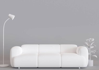 Modern mobilyalar ve metin ve reklam için kopyalama alanı. Mobilya mağazası, iç mekan detayları. Mobilya satışı, iç proje. Boş boşluklu şablon. Minimalist tasarım. 3d hazırlayıcı