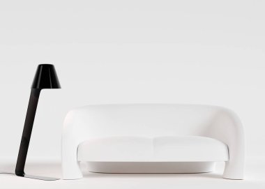 Modern mobilyalar ve metin ve reklam için kopyalama alanı. Mobilya mağazası, iç mekan detayları. Mobilya satışı, iç proje. Boş boşluklu şablon. Minimalist tasarım. 3d hazırlayıcı