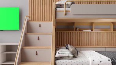 LED TV, boş yeşil ekranlı, çocuk odasındaki duvarda. TV videosu Chroma Key ile aynı. Reklam, film ve uygulama için yer ayır. Boş televizyon ekranı. Modern çocuk odasının içi. 3 Boyutlu Hazırlama