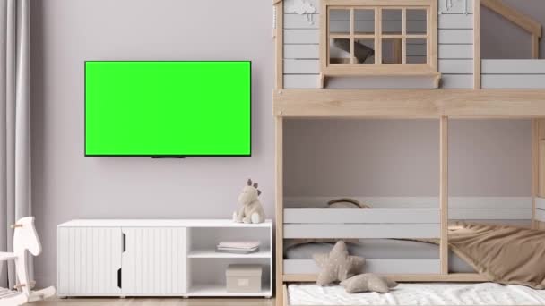 Telewizor Led Czystym Zielonym Ekranem Ścianie Pokoju Dla Dzieci Telewizyjna — Wideo stockowe