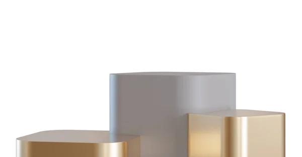 白色の背景に隔離された3つの灰色と金色の表彰台 化粧品プレゼンテーションのためのエレガントなステージ 高級モックアップ 美容製品のための台座やプラットフォーム 空のシーン 3Dレンダリング — ストック写真