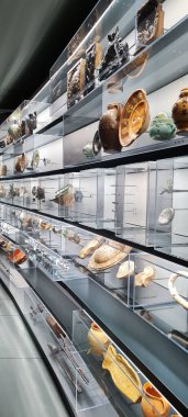 Chemnitz, Almanya 11-12-2022. Saksonya Arkeoloji Müzesi. Muhteşem sergi insanlık ve kültür tarihini sunar. Antik seramik, çömlekçilik, yemekler. Antika sergiler. Tarihsel miras..