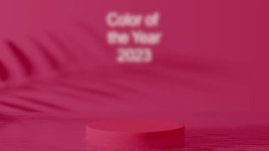 Viva Magenta - 2023 yılının rengi. Moda renk örneği. Duyuru metniyle tonlanmış video. Suyu ve palmiye gölgesi olan güzel mor bir animasyon. Moda, tarz. 3 Boyutlu Canlandırma