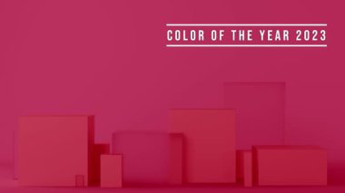 Viva Magenta - 2023 yılının rengi. Moda renk örneği. Duyuru metniyle tonlanmış video. Güzel, soyut, eflatun bir animasyon. Moda, tarz. 3B görüntüleme