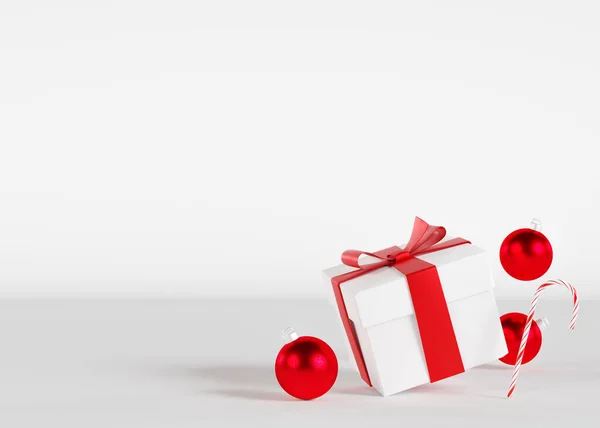 Λευκό Και Κόκκινο Κουτί Δώρου Και Χριστουγεννιάτικη Διακόσμηση Λευκό Φόντο — Φωτογραφία Αρχείου