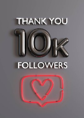 Gri arkaplanlı 10000 takipçi kartı için teşekkürler. Sosyal ağ için dikey resim, blog. 10 bin takipçi kutluyor. Sosyal medya başarı afişi. On bin abone. 3d hazırlayıcı