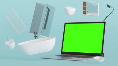 Boş yeşil ekranlı dizüstü bilgisayar ve uçan banyo detayları, hijyenik ürünler. İnternetten alışveriş. Bilgisayar modeli, Chroma Key. Video, uygulama, web sitesi sunumu için alanı kopyala. E-ticaret. 3 Boyutlu Canlandırma