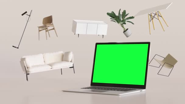 Laptop Czystym Zielonym Ekranem Latające Meble Zakupy Online Komputerowa Makieta — Wideo stockowe