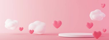 Kalp ve bulutların havada uçuştuğu pembe bir podyum. Sevgililer Günü, Anneler Günü, Düğün. Ürün podyumu, kozmetik sunumu. Model yap. Güzellik ürünleri için yayalar veya platformlar. 3 Boyutlu Hazırlama