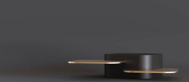 Gri arka planda siyah ve altın podyum. Ürün için zarif bir aşama, kozmetik sunum. Lüks modeller. Güzellik ürünleri için yayalar veya platformlar. Boş sahne. Göster, göster. 3 Boyutlu Hazırlama