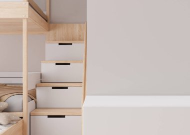 Boş beyaz büfe ve çocukların odasının içi. Nesne, ürün ve oyuncak sunumunuz için alanı kopyalayın. Gösteri, promosyon, reklam. 3B görüntüleme