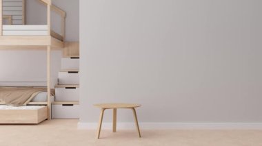 Çağdaş bir çocuk odası, İskandinav tarzı. Modern çocuk odası iç tasarımı, planlama. Tahta yatak, koltuk, rattan sepet, oyuncaklar. Çocuklar için rahat bir oda. İç mimar. 3 Boyutlu Canlandırma