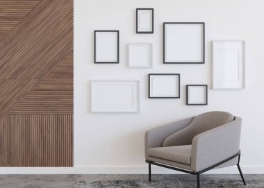 Modern odadaki beyaz duvarda çeşitli boş çerçeveler var. İç dekorasyonu çağdaş tarzda yapın. Bedava, resimler, posterler, sanat eserleri ya da fotoğraflar için kopyalama alanı. Çerçeve grubu. 3 Boyutlu Hazırlama