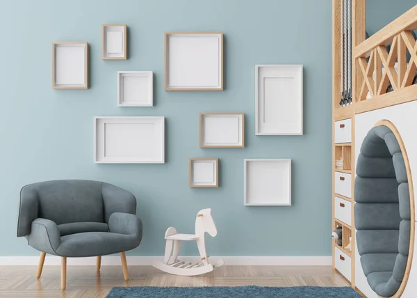 Various empty picture frames on blue wall in modern childs room. Mock up interior in contemporary, scandinavian style. Free, copy space for picture. Group of frames. Cozy room for kids. 3D rendering