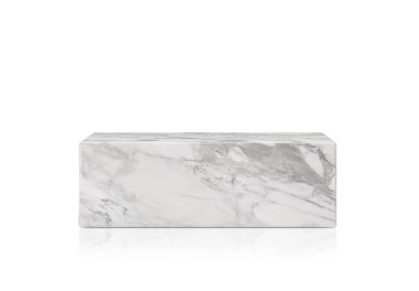 White marble podium isolated on white background. Elegant stage for product, cosmetic presentation. Luxury mock up. Pedestal or platform for beauty products. Empty scene. 3D rendering