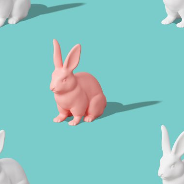 Seamless isometric pattern with pink and white Easter rabbits on blue background. Colorful design for print, textile, wrapping paper. Hard light, shadows. Happy Easter. Seamless texture. 3d render