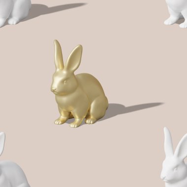 Seamless isometric pattern with golden and white Easter rabbits on beige background. Trendy design for print, textile, wrapping paper. Hard light, shadows. Happy Easter. Seamless texture. 3d render