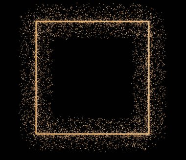 Golden square with glitter, shiny particles, isolated on black background. Frame with copy space for text or logo. Party, Merry Christmas, Happy New year decoration. Cut out design element. 3D render