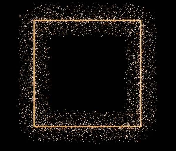 Golden square with glitter, shiny particles, isolated on black background. Frame with copy space for text or logo. Party, Merry Christmas, Happy New year decoration. Cut out design element. 3D render