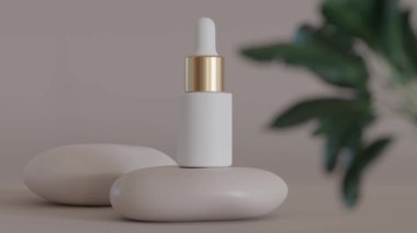 Blank, unbranded cosmetic serum bottle standing on beige spa stone, with plants. Skin care product presentation. Animated mock up. Dropper bottle, hyaluronic acid, oil, serum with copy space. 3D