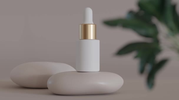 Blank Unbranded Cosmetic Serum Bottle Standing Beige Spa Stone Plants — Vídeo de Stock