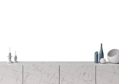 Wallpaper presentation mock up. Sideboard with home accessories isolated on white background. Copy space for wallpaper design, wall panels, photo wallpaper, print or paint. Interior mockup. 3D render