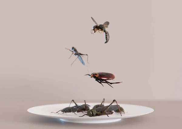 Edible insects on a plate. Crickets as snack, good source of protein. Entomophagy, insectivory concept. Fried insects. Close up view. 3D rendering