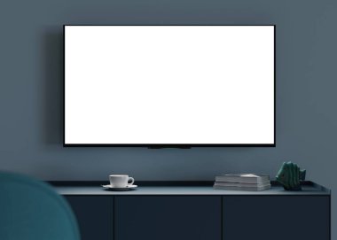 TV mock up. LED TV with blank white screen, hanging on the wall at home. Copy space for advertising, movie, app presentation. Empty television screen ready for your design. Modern interior. 3D render