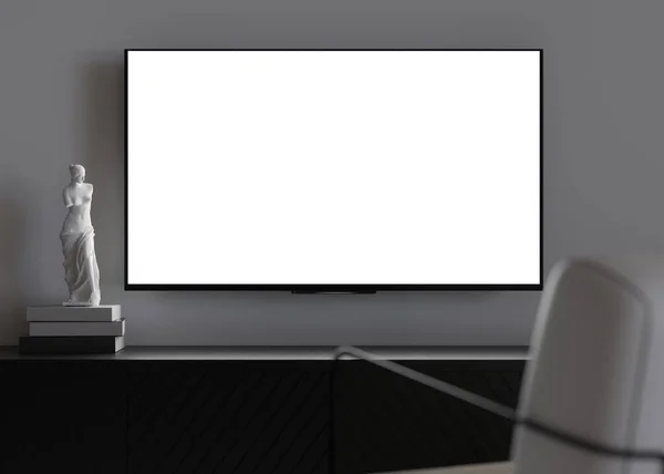 TV mock up. LED TV with blank white screen, hanging on the wall at home. Copy space for advertising, movie, app presentation. Empty television screen ready for your design. Modern interior. 3D render