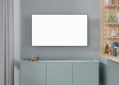 TV mock up in childrens room. LED TV with blank white screen. Copy space for advertising, kids movie, app, game presentation. Empty television screen ready for your design. 3D render