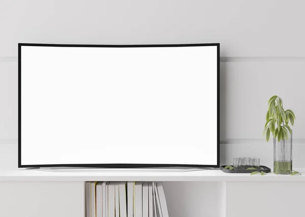 TV mock up. LED TV with blank white screen, standing on the sideboard. Copy space for advertising, movie, app presentation. Empty television screen ready for your design. Modern interior. 3D render