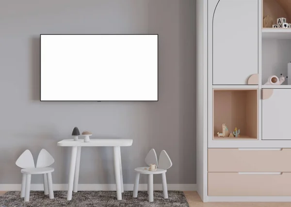 TV mock up in childrens room. LED TV with blank white screen. Copy space for advertising, kids movie, app, game presentation. Empty television screen ready for your design. 3D render