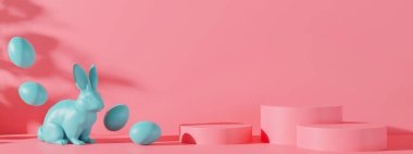 Three pink podiums with Easter eggs, rabbit and copy space. Vibrant stage for product, cosmetic presentation. Vivid Easter mock up. Pedestal, platform. Empty scene. Display, showcase. 3D render