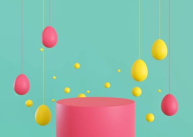 Pink podium with Easter eggs and copy space. Trendy, vivid stage for product, cosmetic presentation. Easter mock up. Pedestal, platform for beauty products. Empty scene. Display, showcase. 3D render