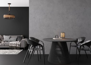 Interior mock up, loft style. Empty concrete wall in modern living room. Copy space for your artwork, picture, poster. Industrial style interior design. Apartment or hotel room. 3D rendering