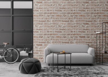 Interior mock up, loft style. Empty wall in modern living room. Copy space for your artwork, picture, poster. Industrial style interior design. Apartment or hotel room. 3D rendering