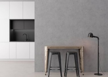 Interior mock up, loft style. Empty wall in modern room. Copy space for your artwork, picture, poster. Industrial style interior design. Apartment or hotel room. 3D rendering