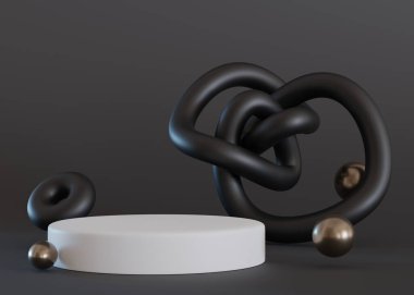 White podium on black background with 3D shapes. Stage for product, cosmetic presentation. Modern mock up. Pedestal or platform for beauty products. Empty scene. Display, showcase. 3D render
