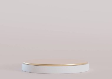 White and golden podium on beige background. Elegant stage for product, cosmetic presentation. Luxury mock up. Pedestal or platform for beauty products. Empty scene. Display, showcase. 3D render