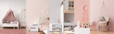 Collage with modern and playful kids rooms. Childrens rooms in contemporary style. Banner. Interior design project. Furniture for kids, toys, home accessories. 3D rendering
