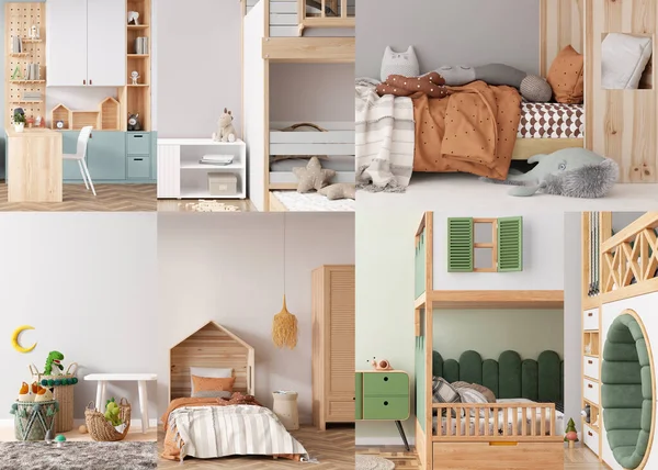 Collage Modern Playful Kids Rooms Childrens Rooms Contemporary Style Interior — Stock Photo, Image