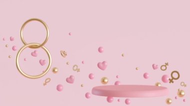 Kalpler, küreler ve kadın cinsiyet işaretleri olan pembe bir podyum. Kadın Günü. Platform, güzellik sahnesi, kozmetik ürünler sunumu. Model yap. Boş sahne, vitrin, vitrin. 3 Boyutlu Canlandırma