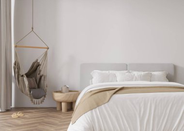 Modern yatak odasındaki boş beyaz duvar. İç mekanın İskandinav tarzında, boho tarzı. Boş, resmin, posterin ve çizimin için kopyalama alanı. Yatak, sallanan koltuk. 3B görüntüleme