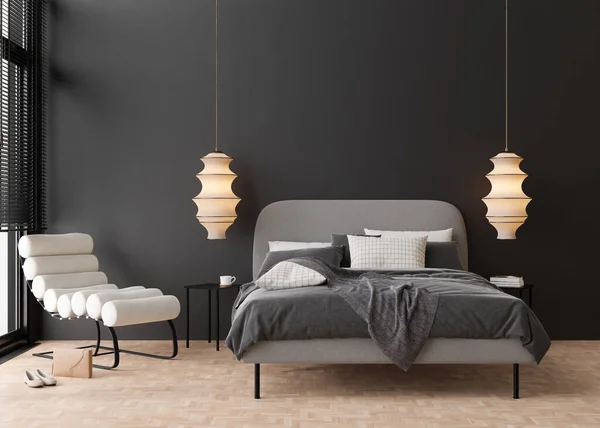室内模拟 阁楼风格 现代卧室里的空荡荡的黑墙复制空间为您的艺术作品 当代风格室内设计 带床的公寓或宾馆房间 3D渲染 — 图库照片