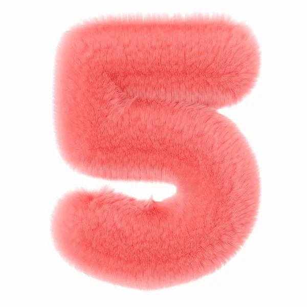 粉色和蓬松的3D五号 隔离在白色背景 毛茸茸的 柔软的和毛茸茸的符号5 可爱的设计元素 切掉物体 3D渲染 — 图库照片