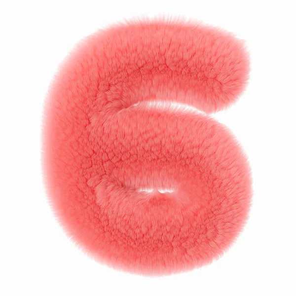 粉色和蓬松的3D 隔离在白色背景 毛茸茸的 柔软的和毛茸茸的符号6 可爱的设计元素 切掉物体 3D渲染 — 图库照片
