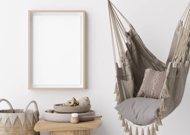 Odada boş dikey çerçeve modeli var. Boho tarzı. Sanat eserleri için boş yer, poster. Rattan sepeti, makrome koltuk asma. Ahşap çerçeve, şablon. Manzarayı kapat. 3B görüntüleme